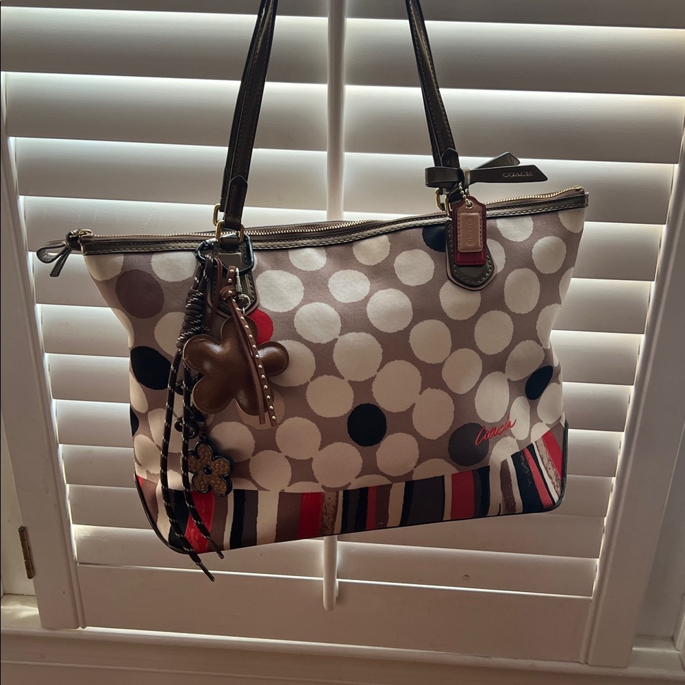 Coach Cream and Red Polka Dot Canvas Tote with Tan Leather Trim GUC 2 Tags - Picture 11 of 17